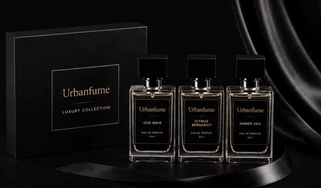 UrbanFume Luxury Collection gift set with Oud Noir, Citrus Bergamot, and Amber Veil