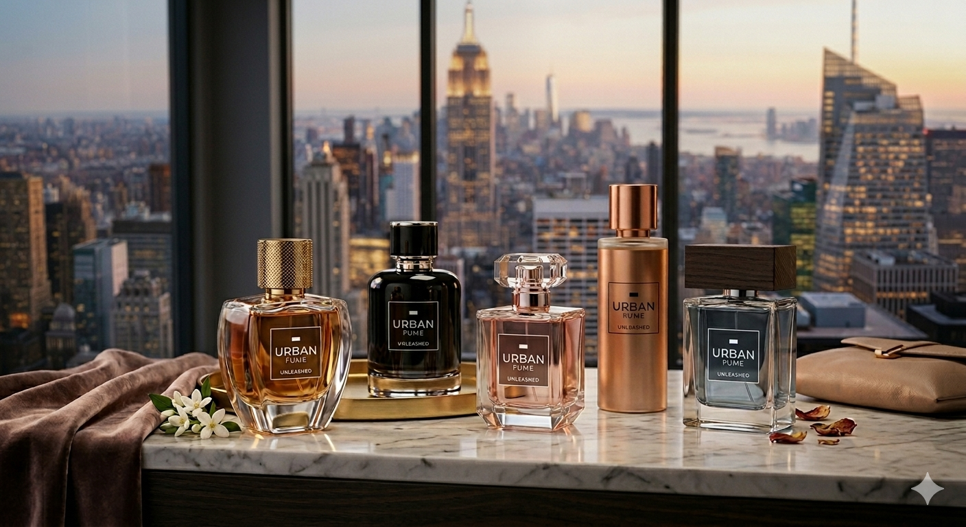 UrbanFume perfume collection with city skyline